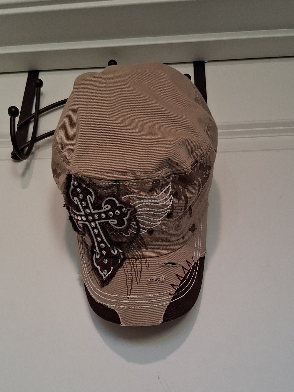 Womens  Tan Embroidered Cross Military Cap